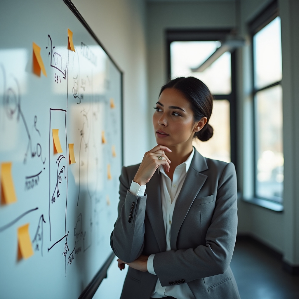 Person reviewing a whiteboard with career goals and arrows indicating change over time
