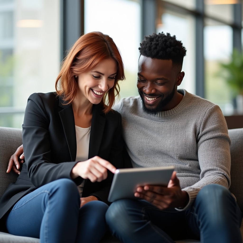 Two colleagues reviewing a shared document on a tablet during a casual meeting